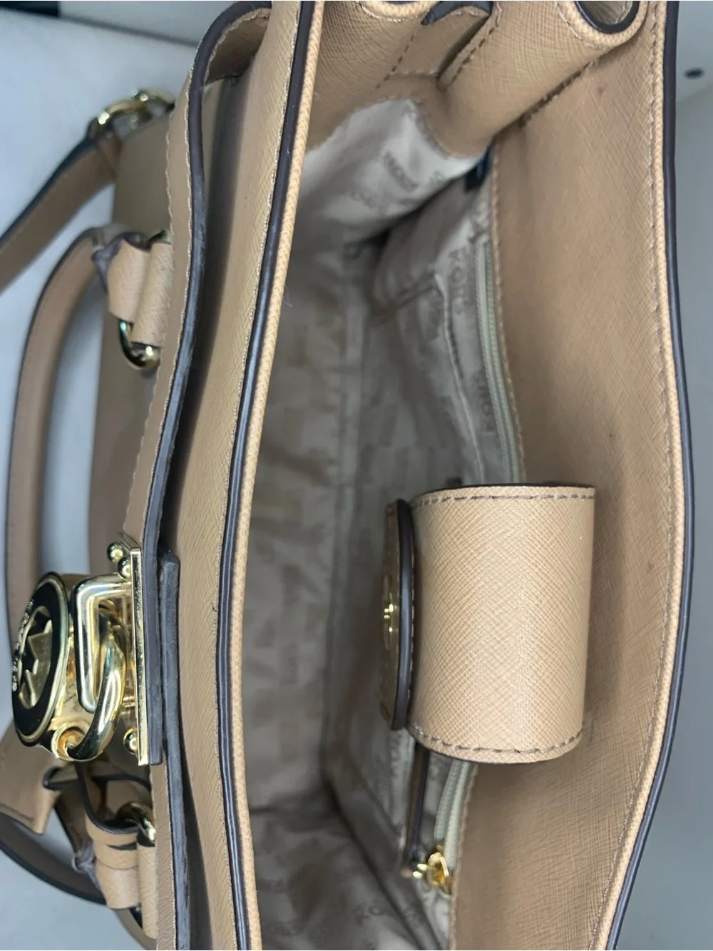 Michael Kors Hamilton Beige Saffiano Leather Satchel with Gold Hardware